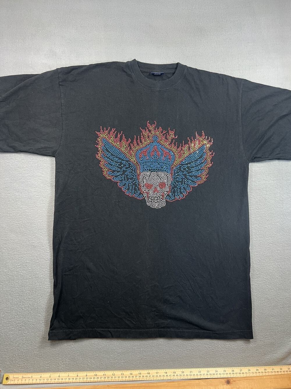 Deluxe Black Rhinestone Winged Skull Crown Graphic T-Shirt Men's Size XL